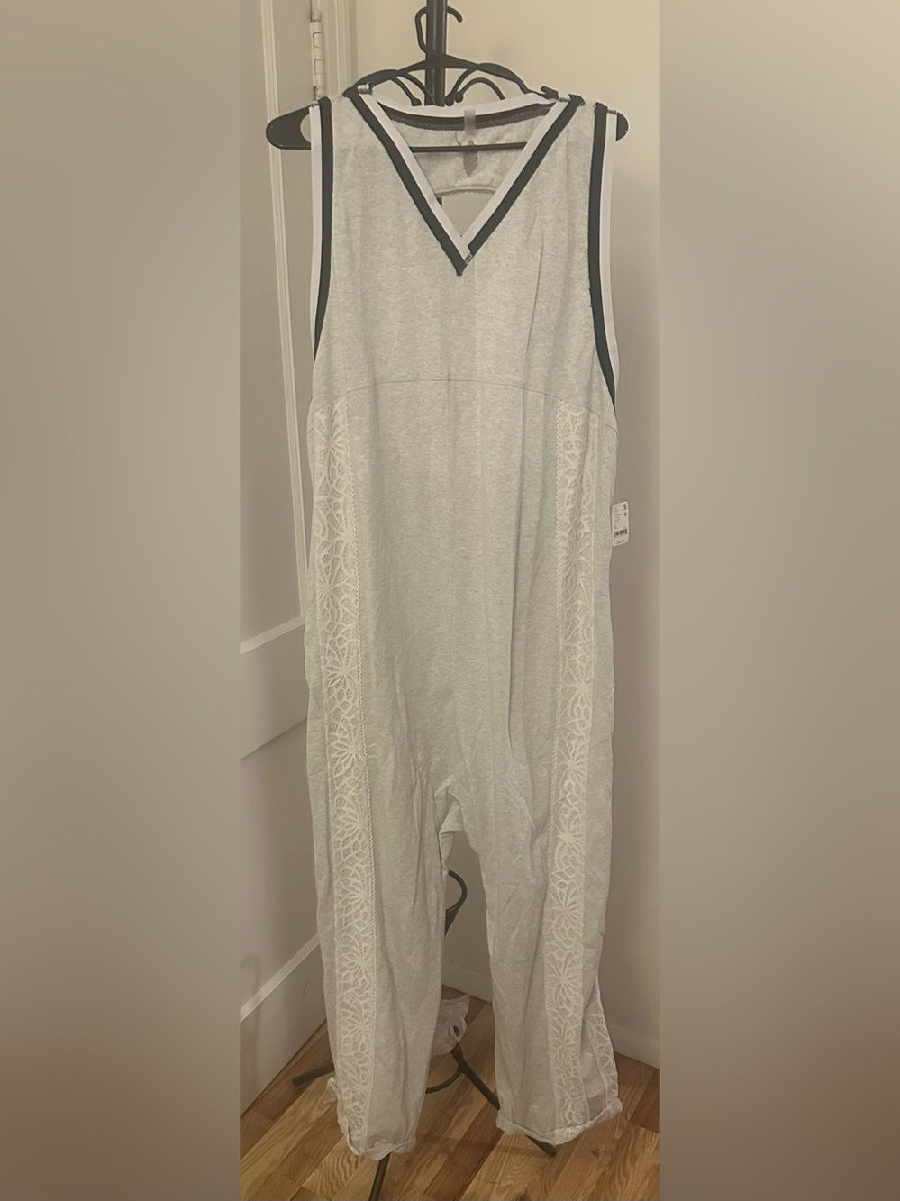 Free People White Tank Lace-Inset Jumpsuit with Black Trim Size XL